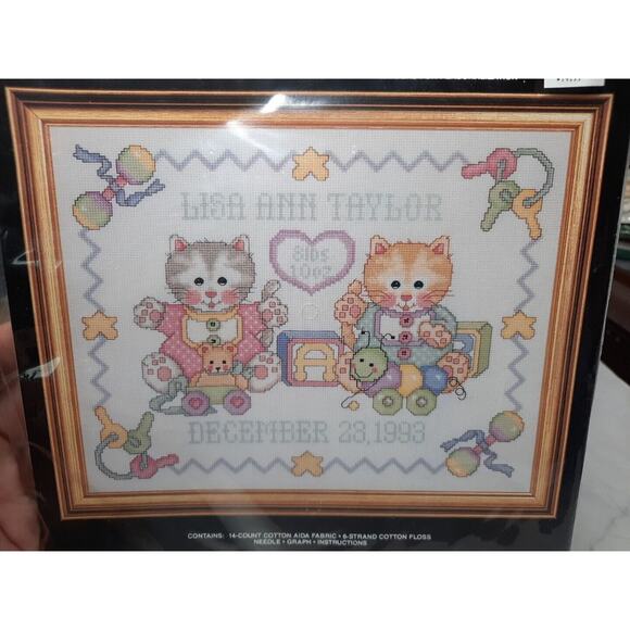 Vtg Janlynn Counted Cross Stitch Kit Cuddly Kittens Birth Announcement 14x11 - Picture 2 of 6